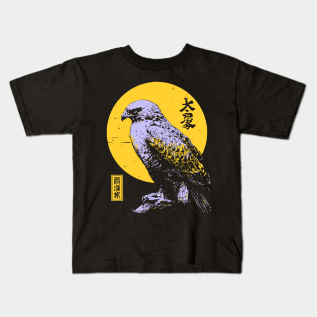 Flying Falcon Japanese Art | Pink & Yellow Ukiyo-e Style Kids T-Shirt by TuncGK