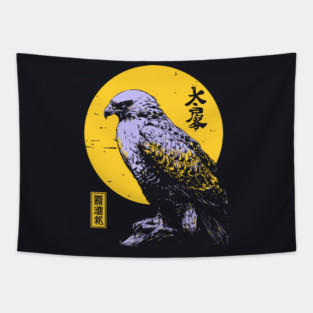 Flying Falcon Japanese Art | Pink & Yellow Ukiyo-e Style Tapestry