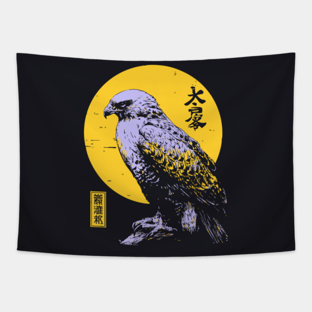 Flying Falcon Japanese Art | Pink & Yellow Ukiyo-e Style Tapestry by TuncGK