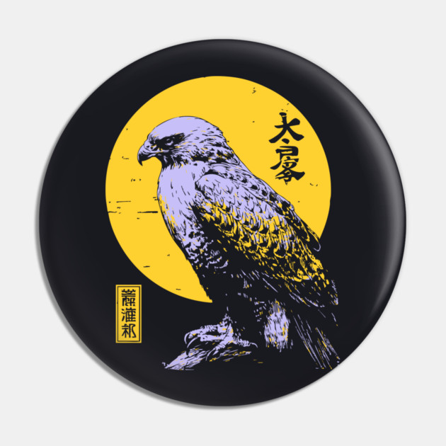 Flying Falcon Japanese Art | Pink & Yellow Ukiyo-e Style Pin by TuncGK