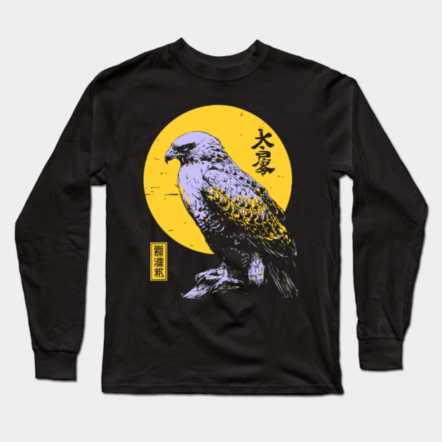 Flying Falcon Japanese Art | Pink & Yellow Ukiyo-e Style Long Sleeve T-Shirt by TuncGK