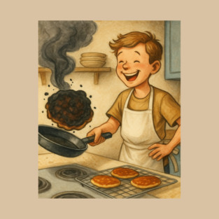 Pancake Cartoon – Kitchen Fail – Funny Chef Cartoon with Burnt Pancakes | Retro Cartoon | Pancake gift | Perfect Gift | Bake it, wear it… or gift it! 👕. T-Shirt