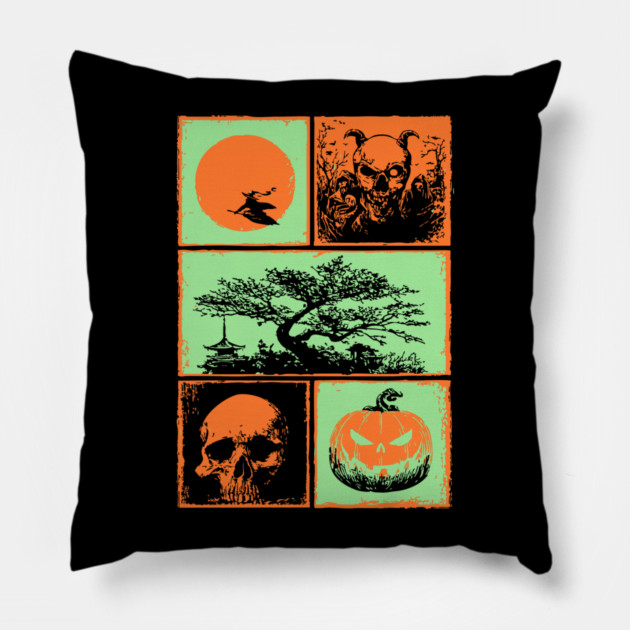 Japanese Halloween - Witch, Skull, and Jack-o-Lantern Pillow by TuncGK