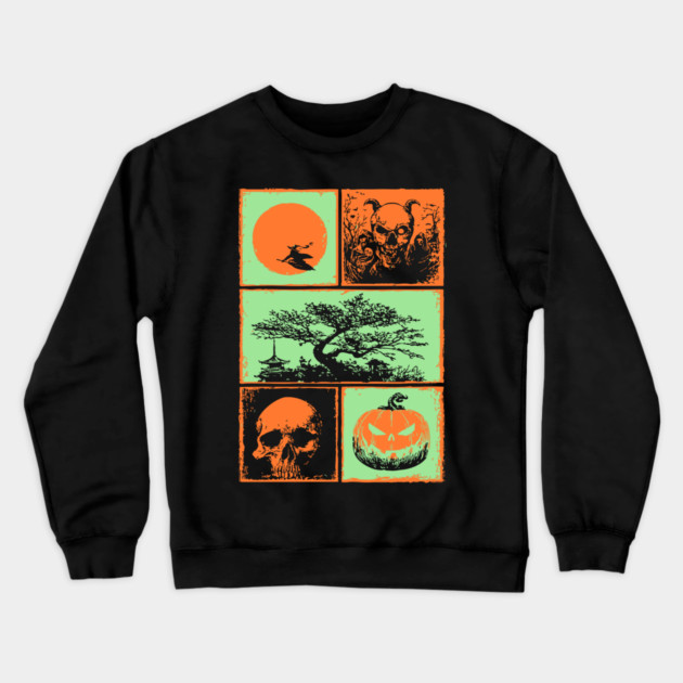 Japanese Halloween - Witch, Skull, and Jack-o-Lantern Crewneck Sweatshirt by TuncGK