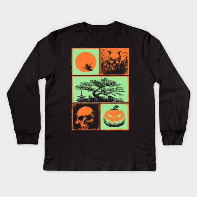 Japanese Halloween - Witch, Skull, and Jack-o-Lantern Kids Long Sleeve T-Shirt by TuncGK