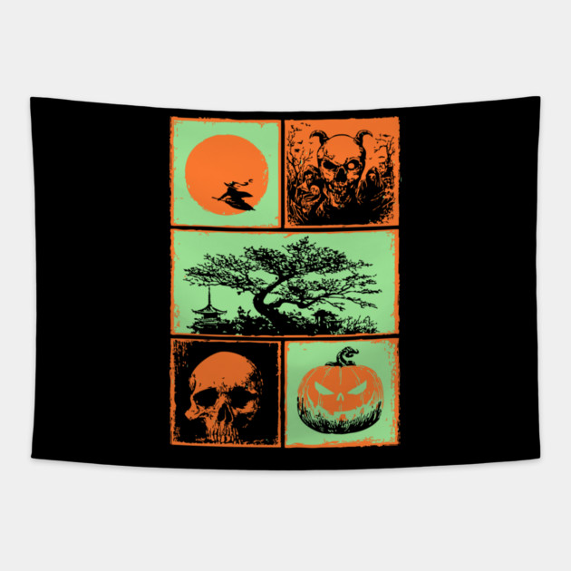 Japanese Halloween - Witch, Skull, and Jack-o-Lantern Tapestry by TuncGK