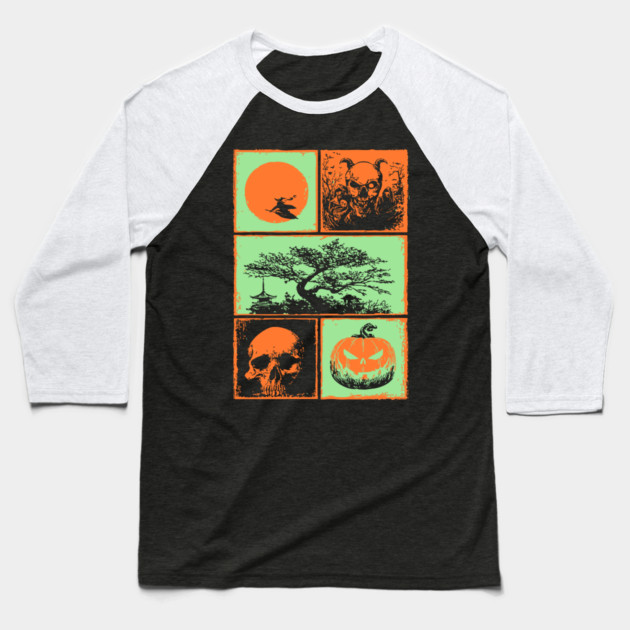 Japanese Halloween - Witch, Skull, and Jack-o-Lantern Baseball T-Shirt by TuncGK