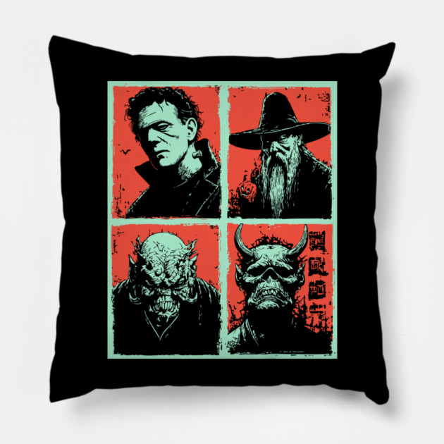Classic Monsters Retro Horror Collage Pillow by TuncGK