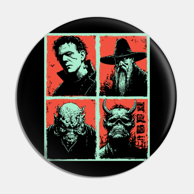 Classic Monsters Retro Horror Collage Pin by TuncGK