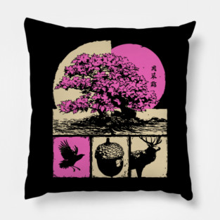 Japanese Nature - Sakura Bonsai and Forest Deer Pillow