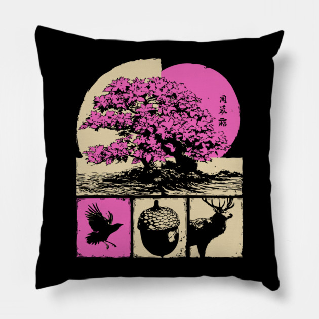 Japanese Nature - Sakura Bonsai and Forest Deer Pillow by TuncGK