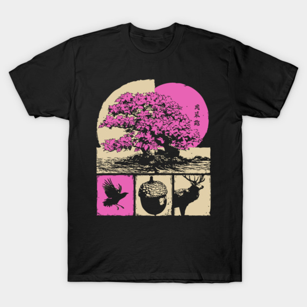 Japanese Nature - Sakura Bonsai and Forest Deer T-Shirt by TuncGK