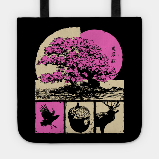Japanese Nature - Sakura Bonsai and Forest Deer Tote by TuncGK