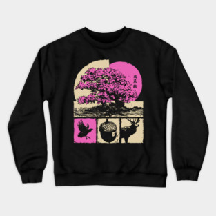 Japanese Nature - Sakura Bonsai and Forest Deer Crewneck Sweatshirt