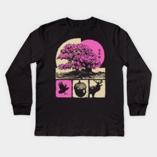 Japanese Nature - Sakura Bonsai and Forest Deer Kids Long Sleeve T-Shirt