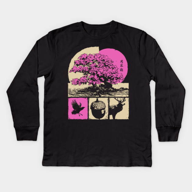 Japanese Nature - Sakura Bonsai and Forest Deer Kids Long Sleeve T-Shirt by TuncGK