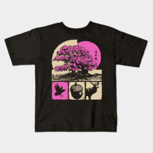 Japanese Nature - Sakura Bonsai and Forest Deer Kids T-Shirt