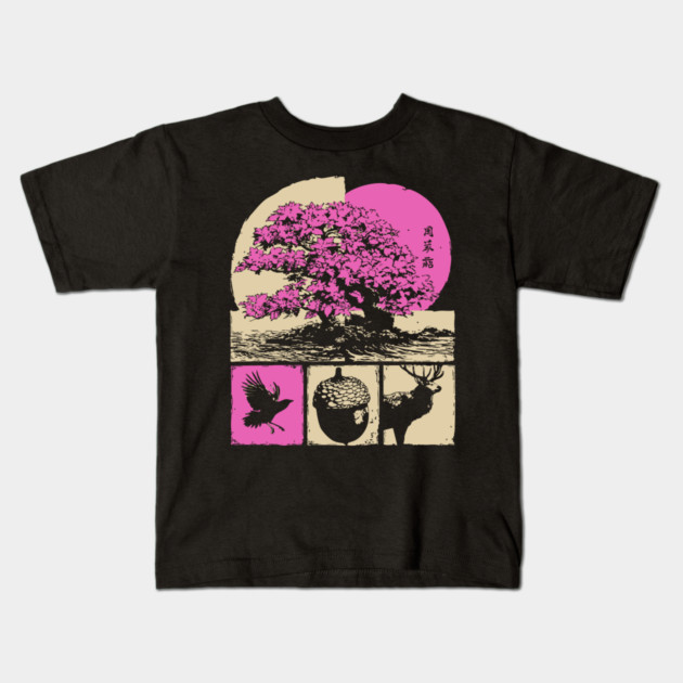 Japanese Nature - Sakura Bonsai and Forest Deer Kids T-Shirt by TuncGK
