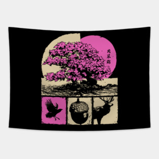 Japanese Nature - Sakura Bonsai and Forest Deer Tapestry