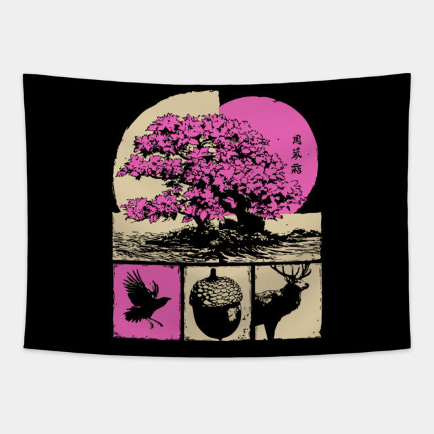 Japanese Nature - Sakura Bonsai and Forest Deer Tapestry by TuncGK