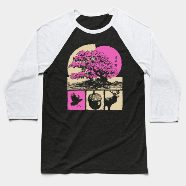 Japanese Nature - Sakura Bonsai and Forest Deer Baseball T-Shirt by TuncGK