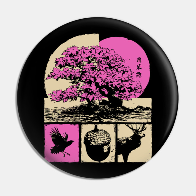 Japanese Nature - Sakura Bonsai and Forest Deer Pin by TuncGK