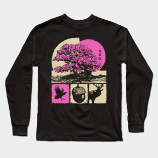 Japanese Nature - Sakura Bonsai and Forest Deer Long Sleeve T-Shirt