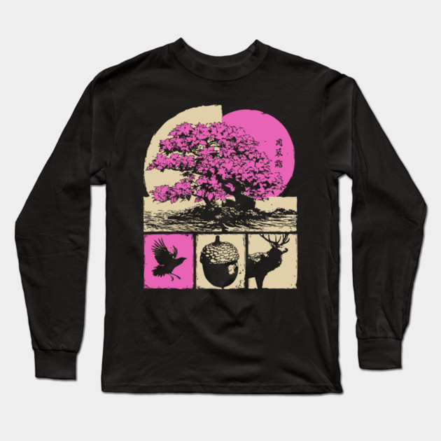Japanese Nature - Sakura Bonsai and Forest Deer Long Sleeve T-Shirt by TuncGK