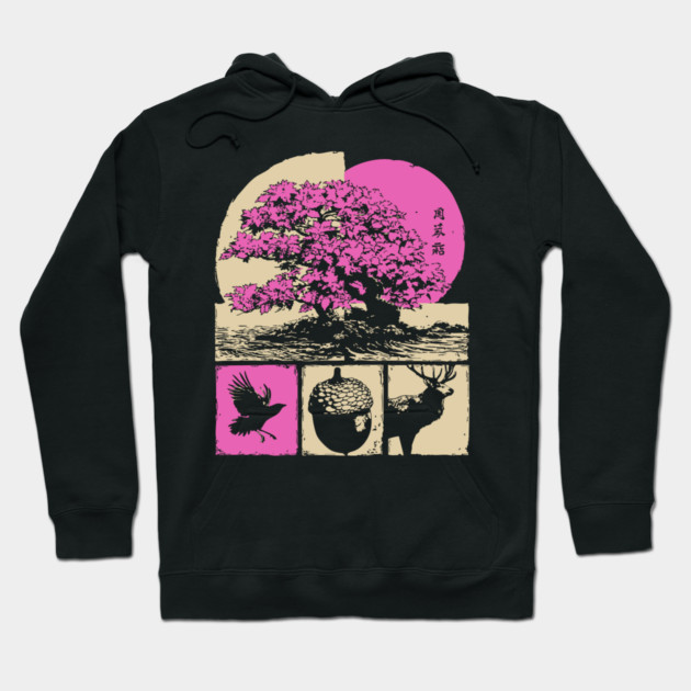 Japanese Nature - Sakura Bonsai and Forest Deer Hoodie by TuncGK
