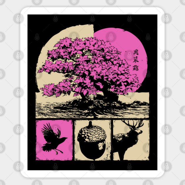 Japanese Nature - Sakura Bonsai and Forest Deer Sticker by TuncGK