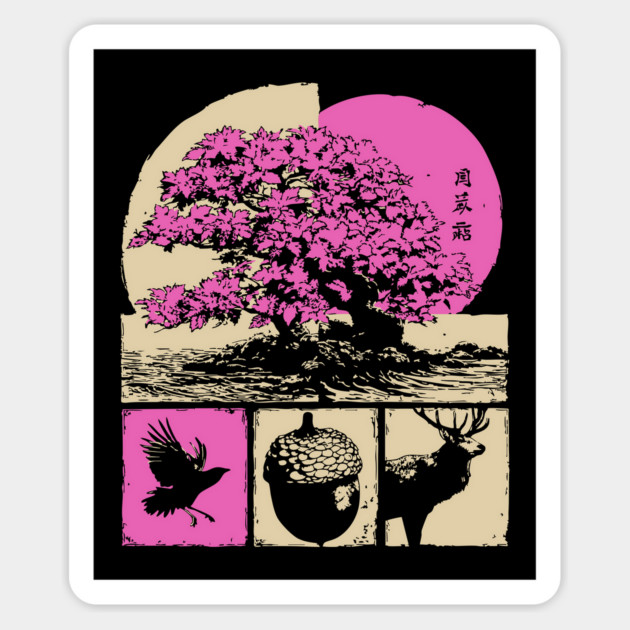 Japanese Nature - Sakura Bonsai and Forest Deer Magnet by TuncGK