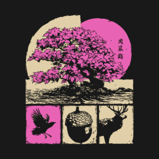 Japanese Nature - Sakura Bonsai and Forest Deer T-Shirt