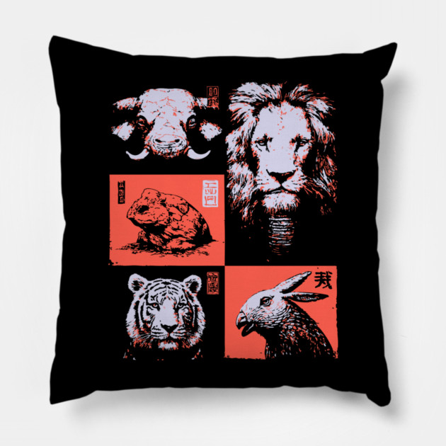 Ukiyo-e Animals - Lion, Tiger, and Capybara Pillow by TuncGK