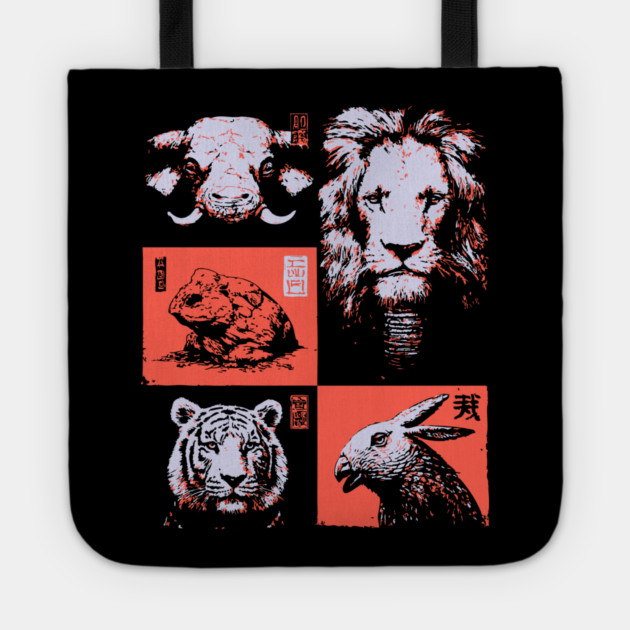 Ukiyo-e Animals - Lion, Tiger, and Capybara Tote by TuncGK