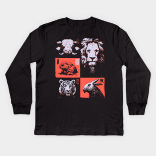 Ukiyo-e Animals - Lion, Tiger, and Capybara Kids Long Sleeve T-Shirt