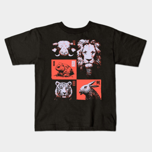 Ukiyo-e Animals - Lion, Tiger, and Capybara Kids T-Shirt by TuncGK