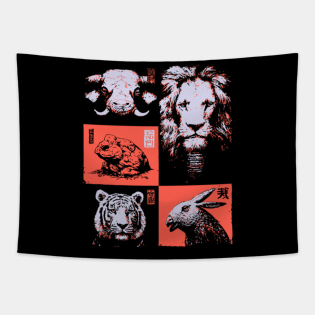 Ukiyo-e Animals - Lion, Tiger, and Capybara Tapestry by TuncGK