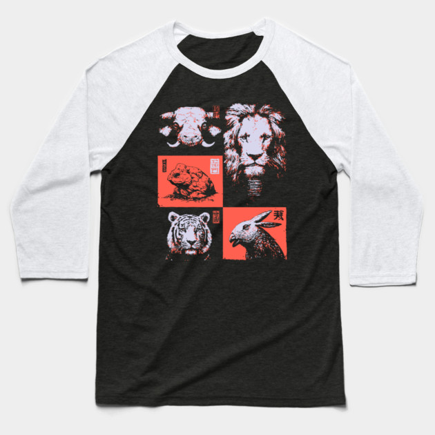 Ukiyo-e Animals - Lion, Tiger, and Capybara Baseball T-Shirt by TuncGK