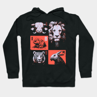 Ukiyo-e Animals - Lion, Tiger, and Capybara Hoodie
