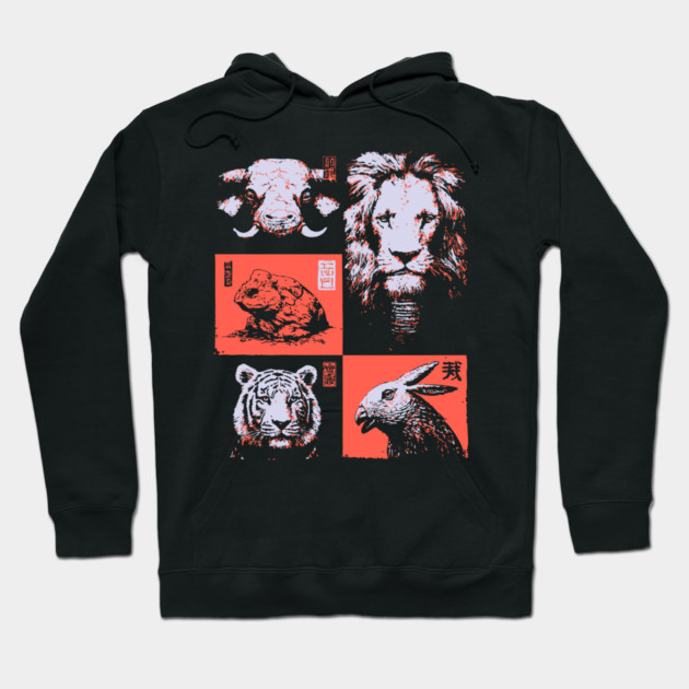 Ukiyo-e Animals - Lion, Tiger, and Capybara Hoodie by TuncGK
