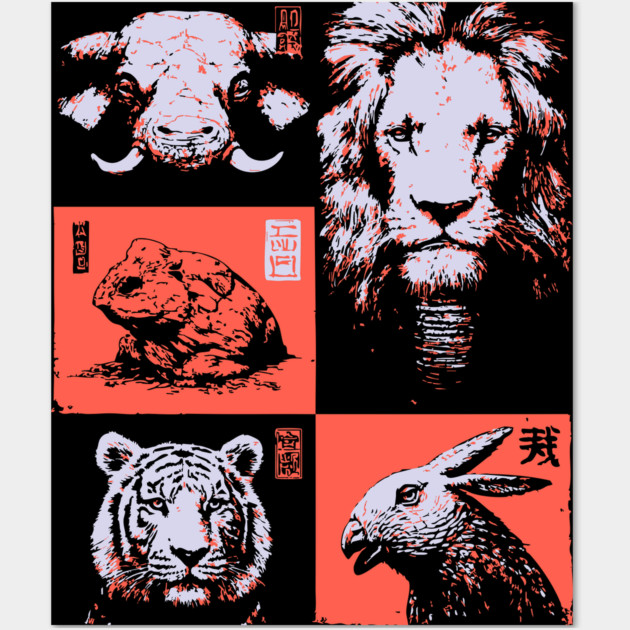 Ukiyo-e Animals - Lion, Tiger, and Capybara Wall Art by TuncGK