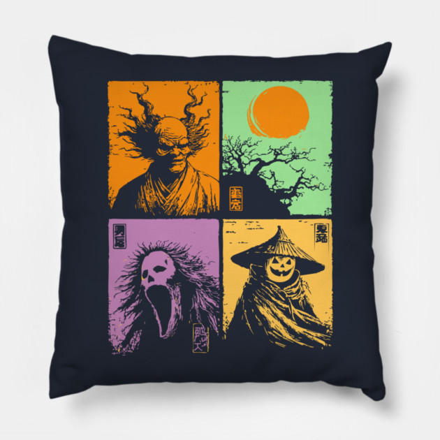Spooky Japanese Ghosts - Retro Halloween Yurei Pillow by TuncGK