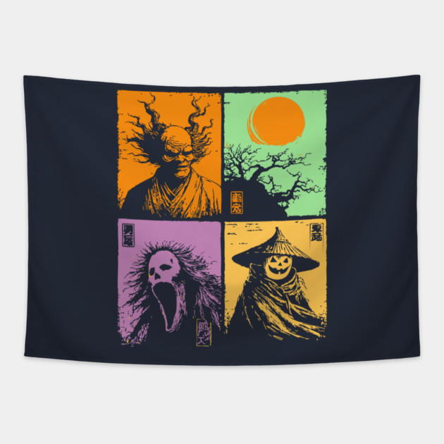 Spooky Japanese Ghosts - Retro Halloween Yurei Tapestry by TuncGK