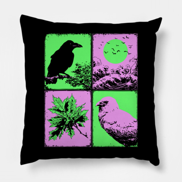 Vaporwave Nature - Japanese Raven and Great Wave Pillow by TuncGK