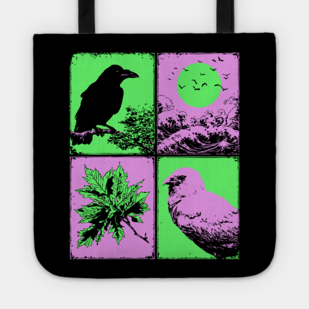 Vaporwave Nature - Japanese Raven and Great Wave Tote by TuncGK