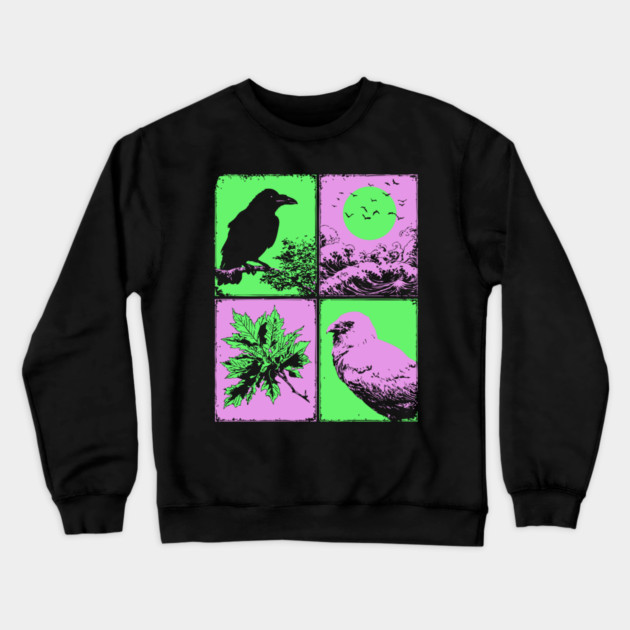Vaporwave Nature - Japanese Raven and Great Wave Crewneck Sweatshirt by TuncGK