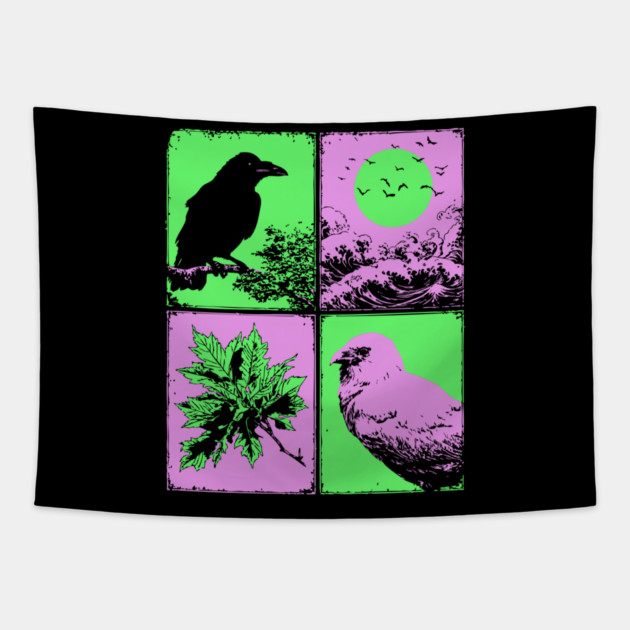 Vaporwave Nature - Japanese Raven and Great Wave Tapestry by TuncGK
