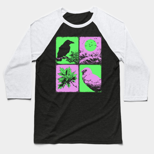 Vaporwave Nature - Japanese Raven and Great Wave Baseball T-Shirt by TuncGK
