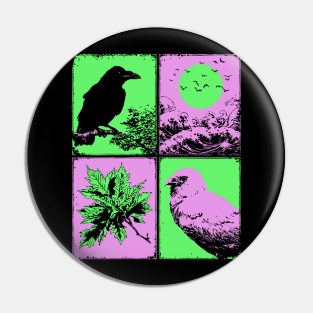 Vaporwave Nature - Japanese Raven and Great Wave Pin by TuncGK