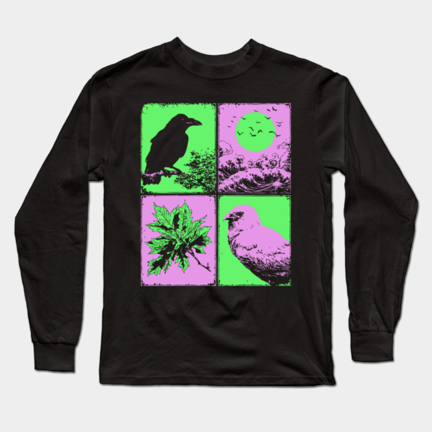 Vaporwave Nature - Japanese Raven and Great Wave Long Sleeve T-Shirt by TuncGK